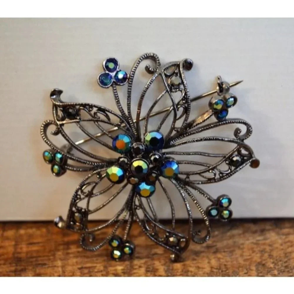 Large Floral Brooch Rhinestone Vintage Jewelry Statement  Piece